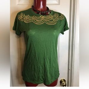 Sea NYC Green Bamboo Blend Tee Shirt Tee T-shirt Metallic Gold Trim- S Small